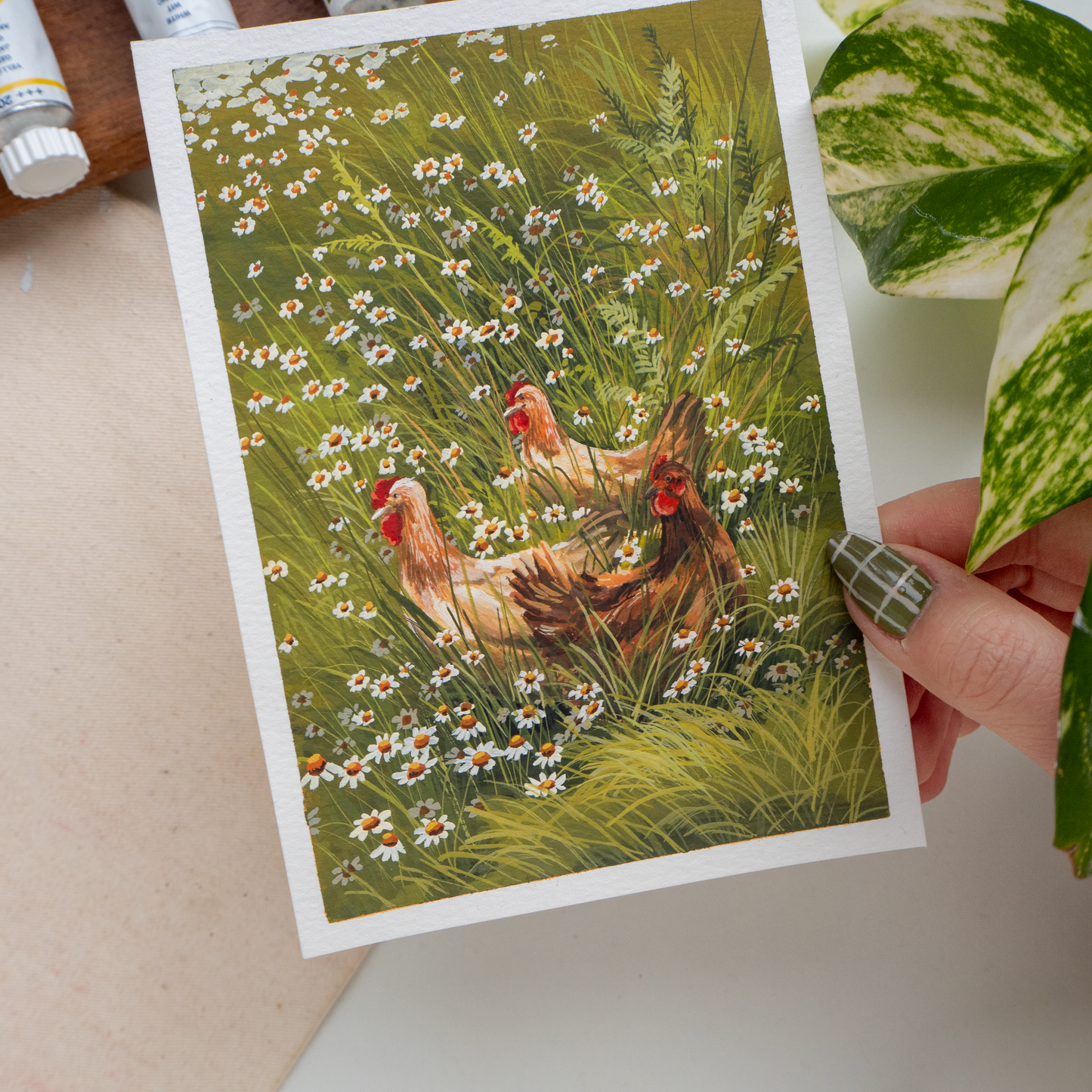 ORIGINAL PAINTING "Chickens Frolicking On A Field"